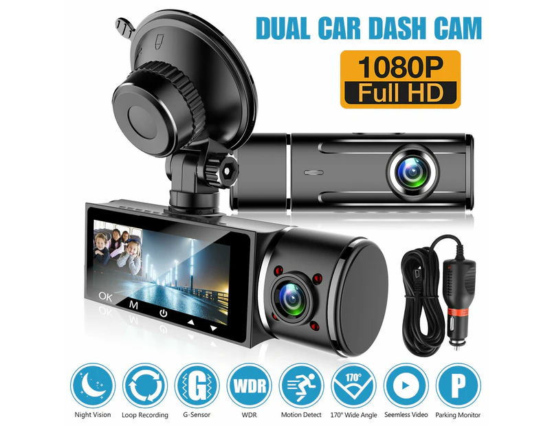 3" Dual Lens 1080P Car Dash Cam Recorder Camera Video G-Sensor Night Vision