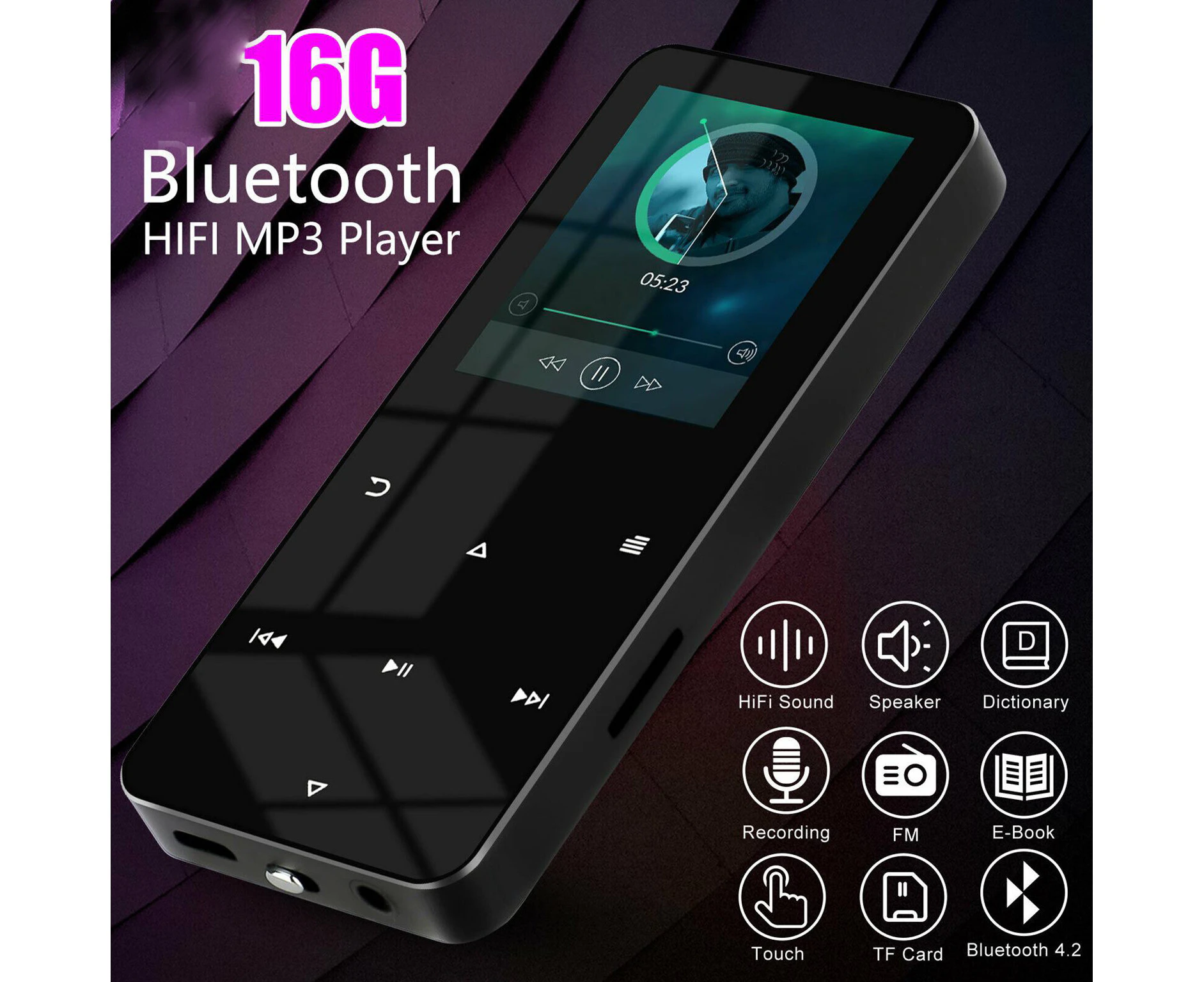 Bluetooth 4.2 Touch Screen Bluetooth 16GB MP3 Player Sport Lossless Sound HIFI Music FM Radio