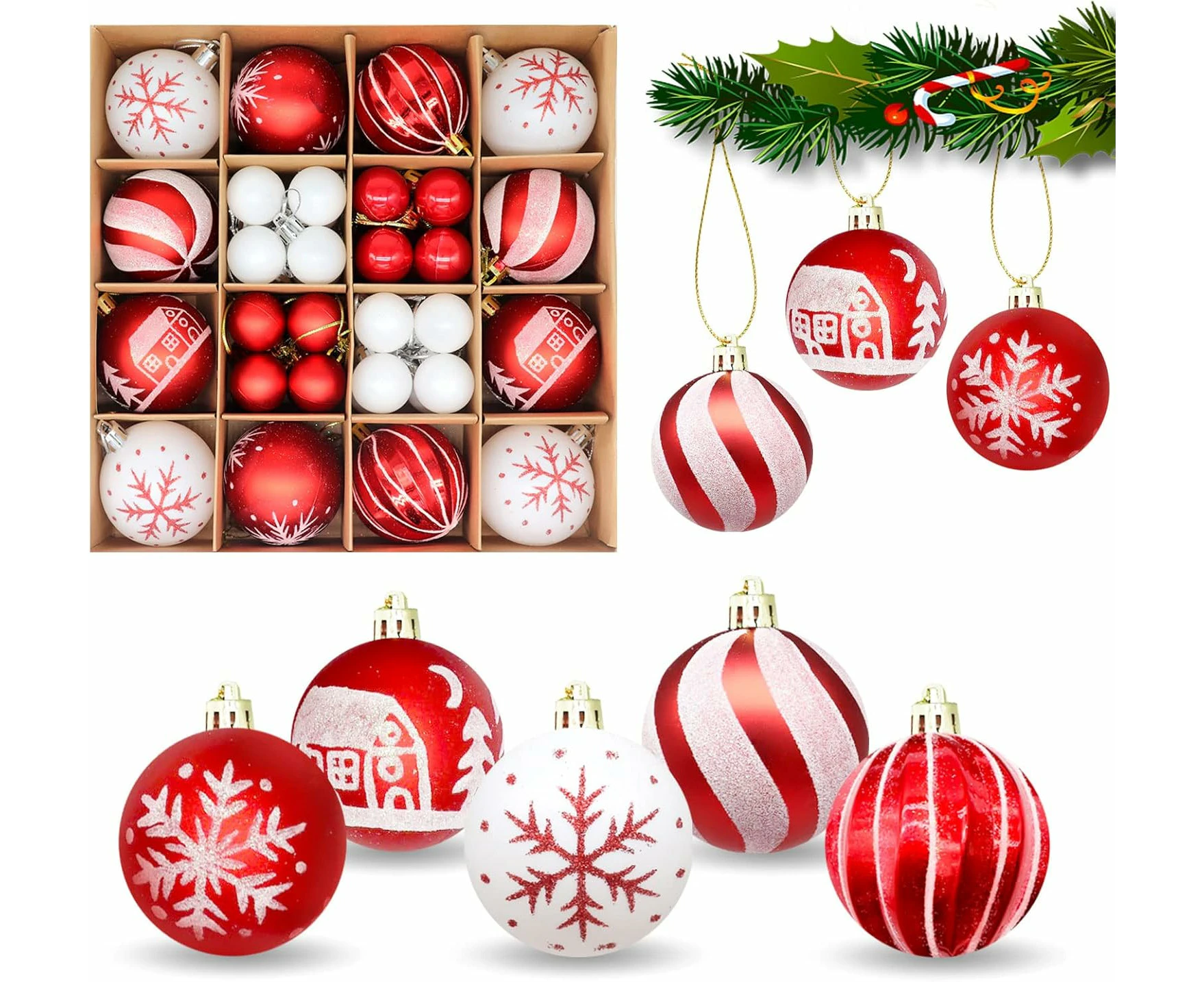 44 Pieces of Christmas Baubles, Shatterproof Ball Christmas Tree Decoration Ornament Set, Christmas Themed Hanging Decoration Supplies - Red and White