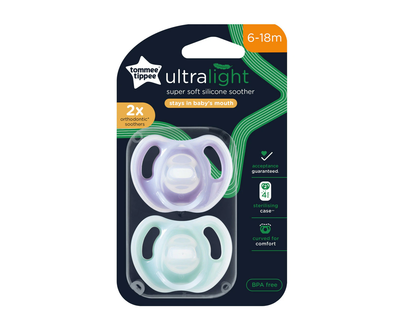 Tommee Tippee Ultra-light Soothers, 6-18 months, 2 pack of  one piece silicone, BPA free soothers