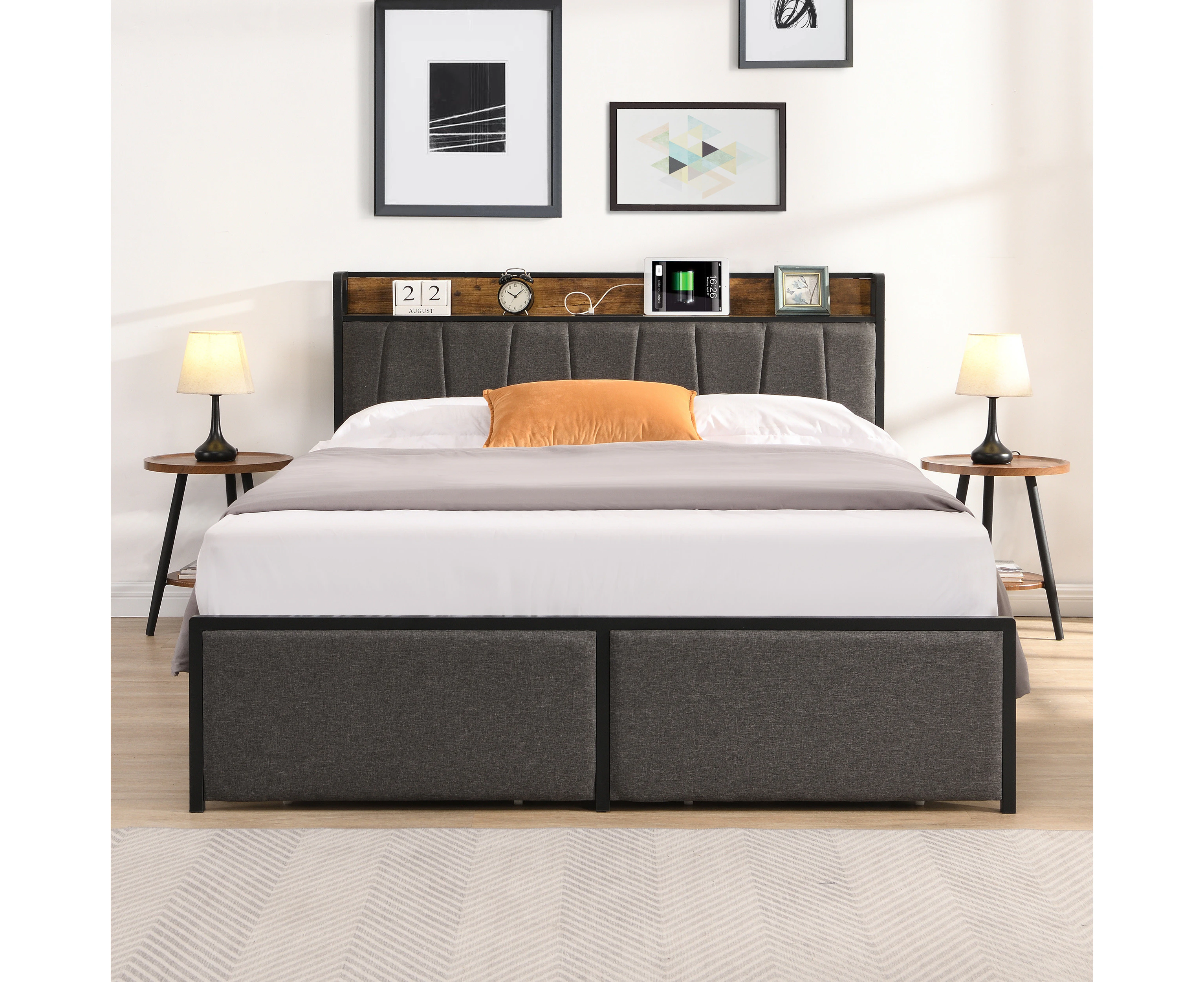 IHOMDEC Double Size Metal & Wood Bed Frame 2 Plug Outlets &1 USB ports and 1 Type C Charging Station and 2 Drawers BED04 Grey