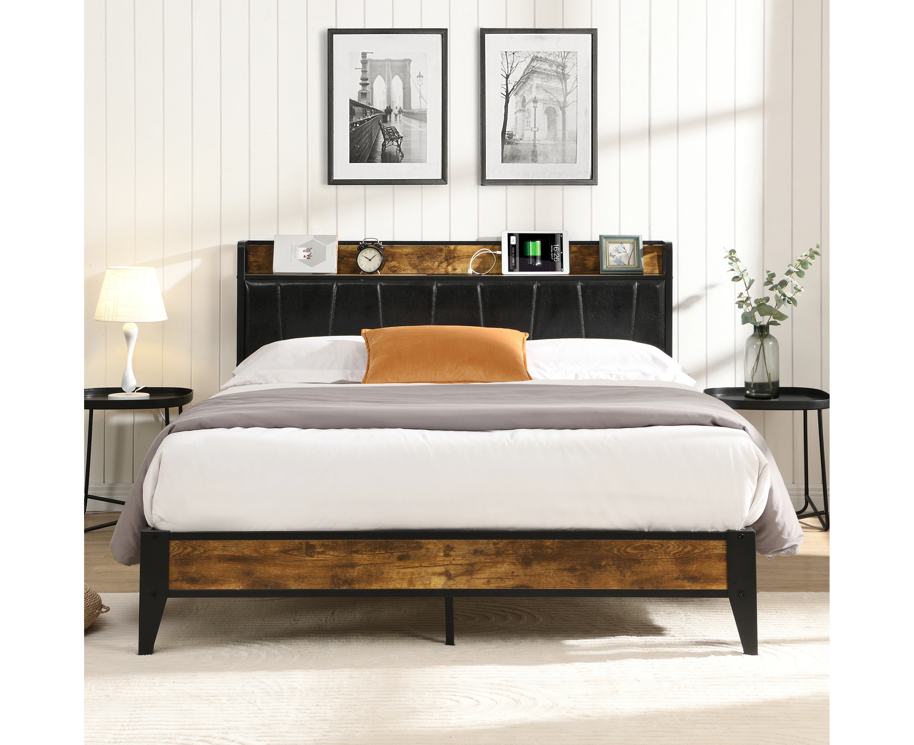 IHOMDEC Queen Size Metal & Wood Bed Frame 2 Outlets &1 USB ports and 1 Type C Charging Station BED03 Rustic Dark Brown