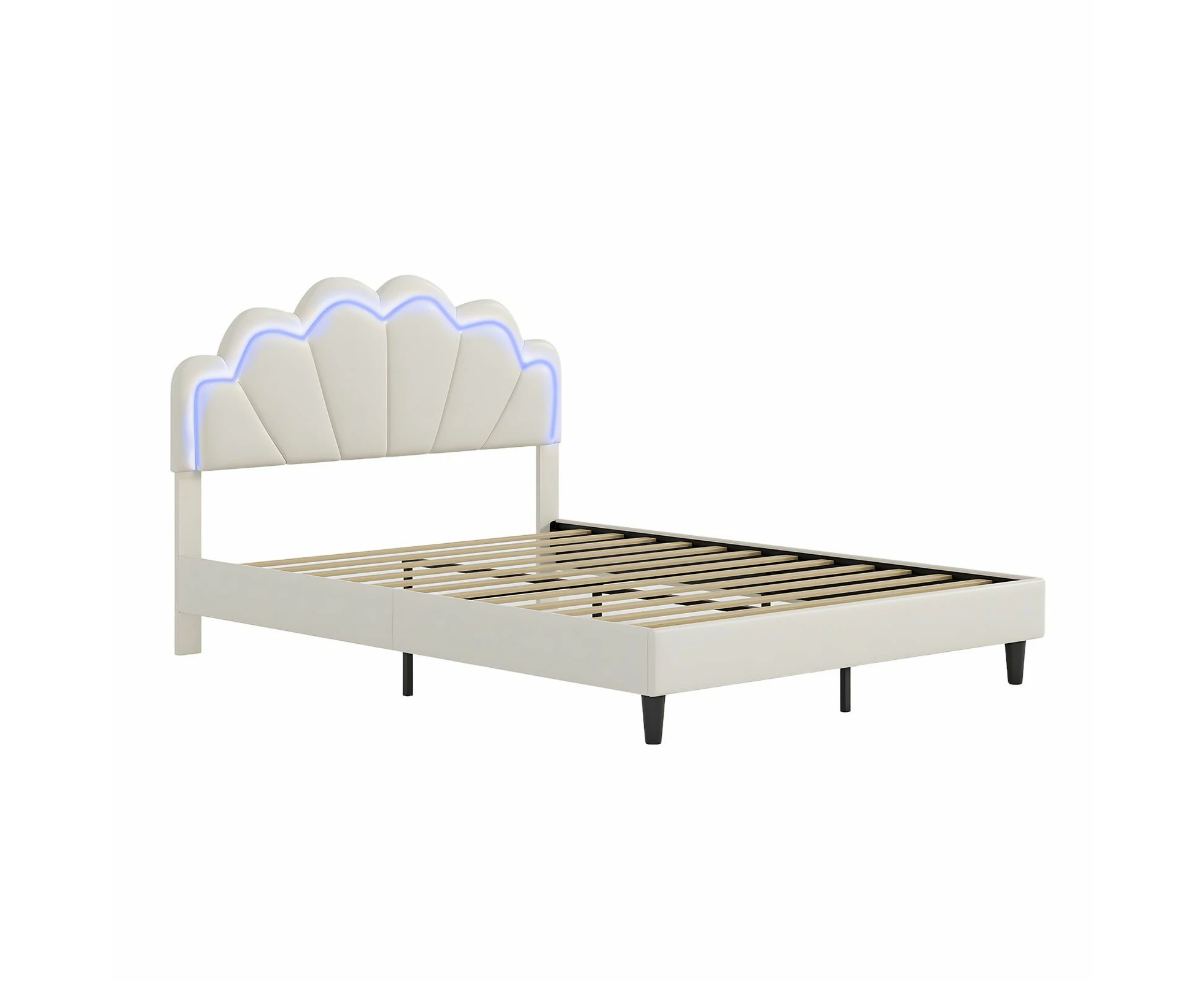 Wood Queen Bed Frame with LED Headboard Metal Platform Mattress Base Queensize Bedroom Furniture Sleep Foundation Upholstered Bedhead White