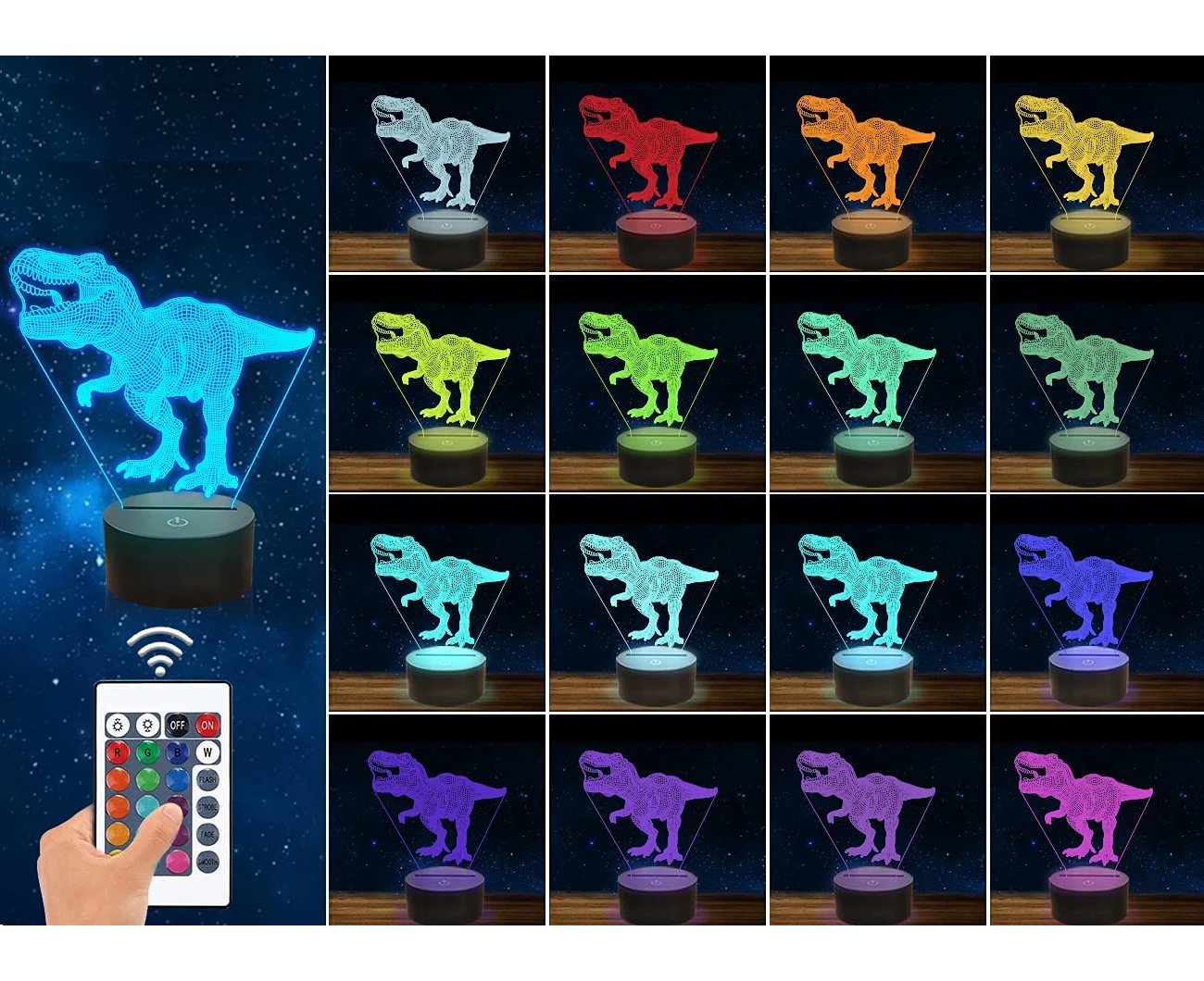 1x 3D Acrylic LED Dinosaur Night Light 16 Colors Lighting Table Bedside Lamp W/ Remote Control