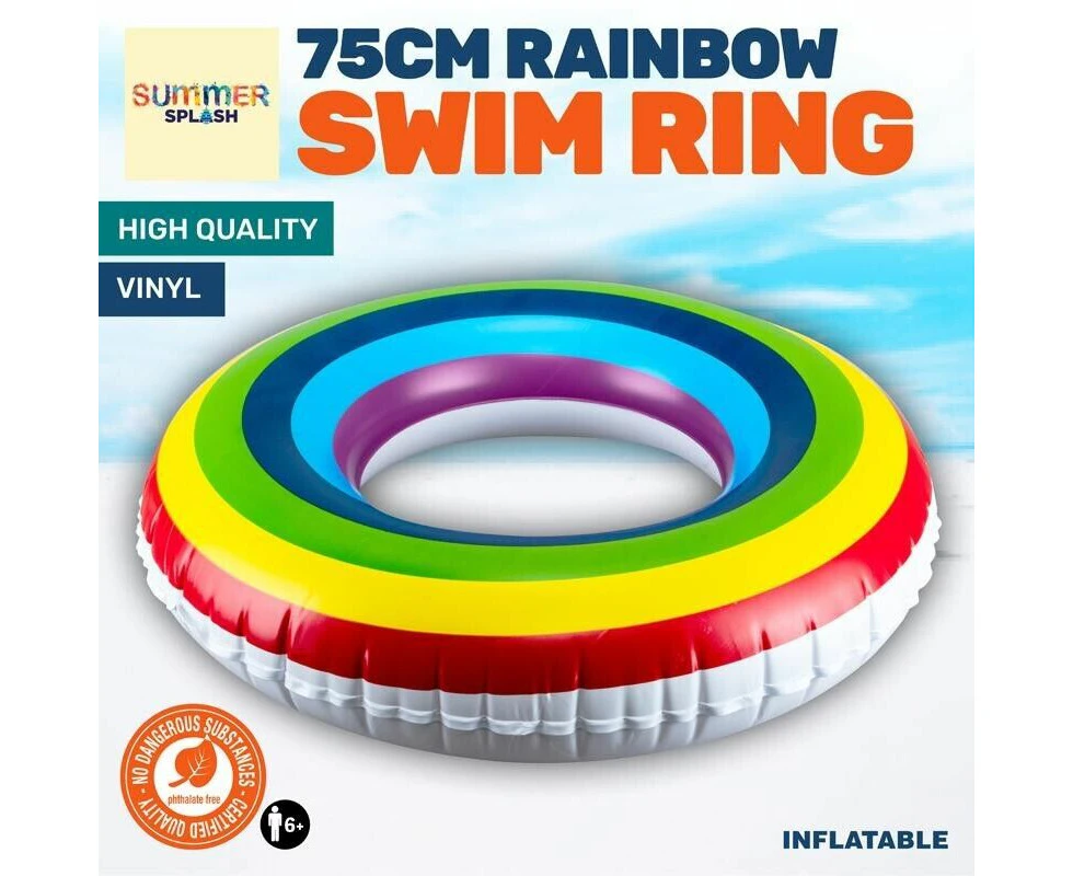 Inflatable Swim Rings Rainbow Design Summer Fun Beach Toy Pool Holidays 75cm