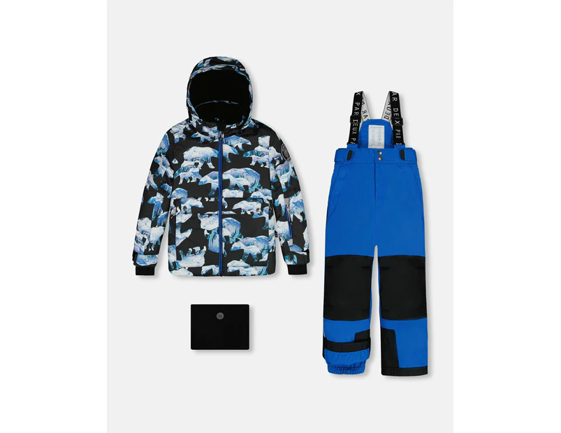 Boy's Two Piece Snowsuit Printed Bears And Royal Blue