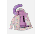 Little Girl's Two Piece Snowsuit Solid Pant Lilac With Jacket Printed Hearts