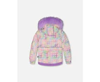 Little Girl's Two Piece Snowsuit Solid Pant Lilac With Jacket Printed Hearts