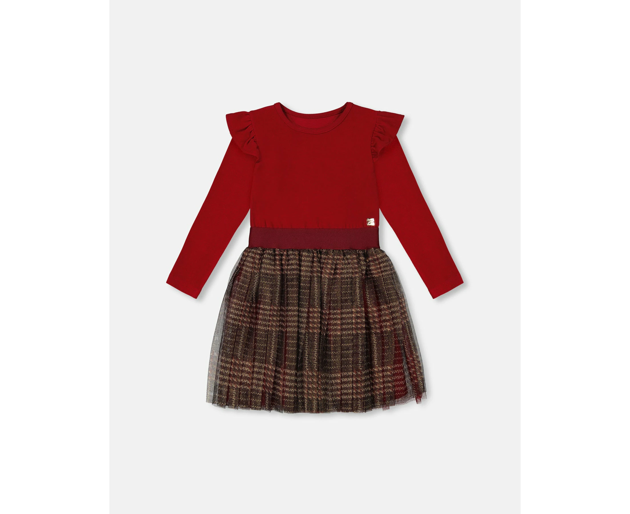 Little Girl's Long Sleeve Dress With Glittering Tulle Skirt Red Plaid