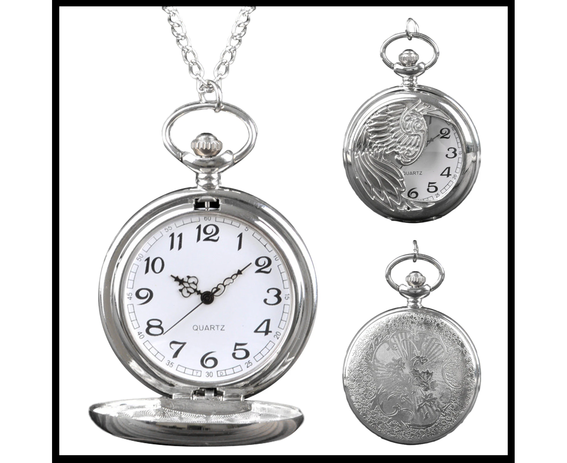 Silver Quartz Pocket Watch-White Noodles