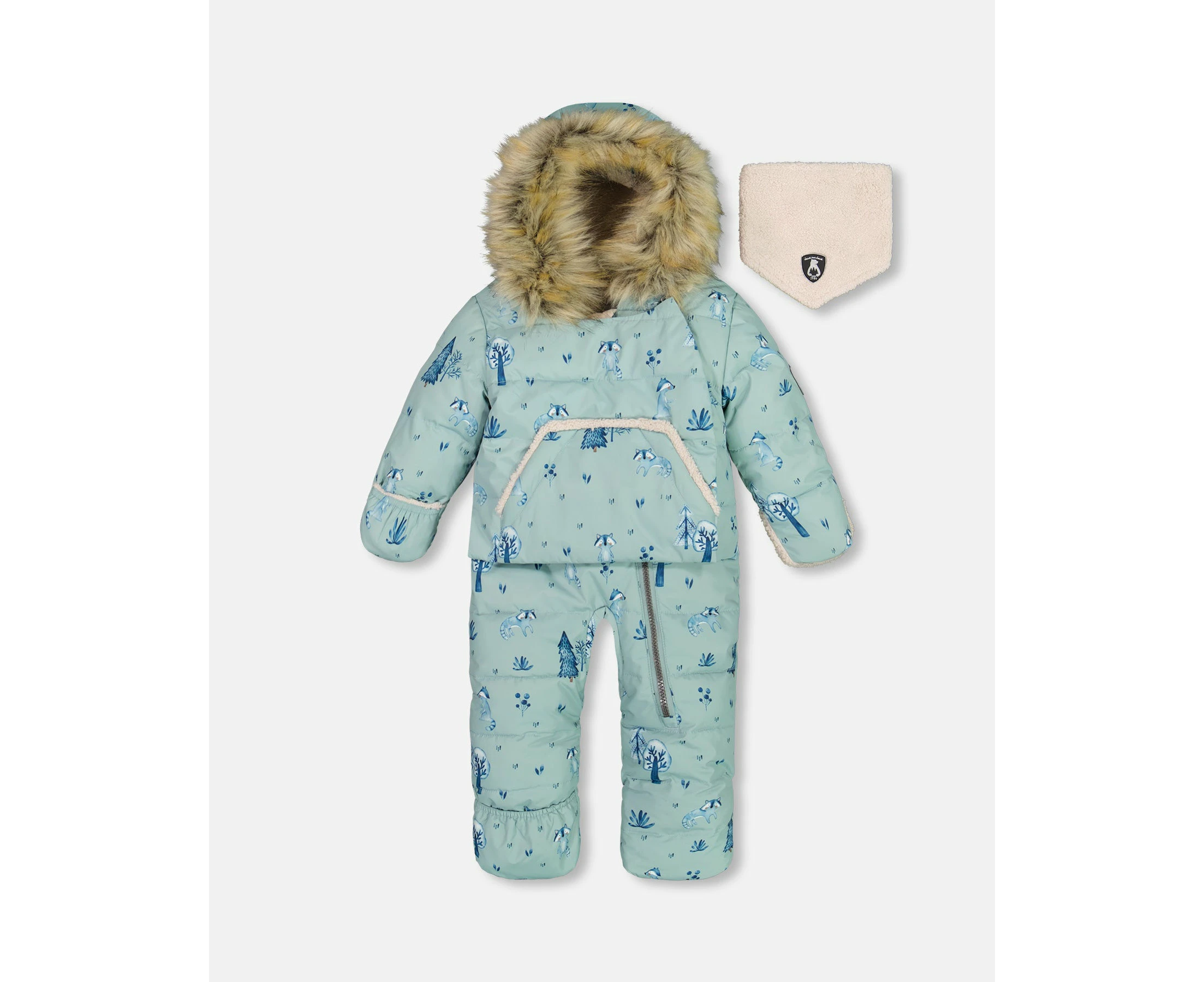 Baby Boy's One Piece Baby Hooded Snowsuit Sage Printed Racoons Designed For Car Seat