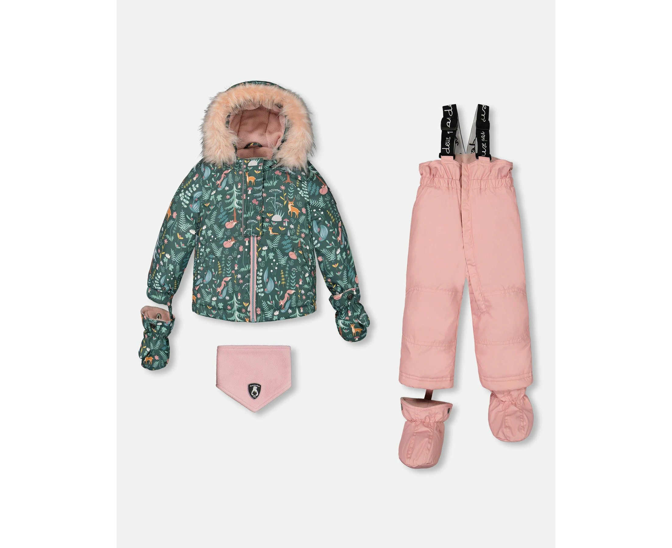 Baby Girl's Two Piece Baby Snowsuit Silver Pink Printed Woodland Animals