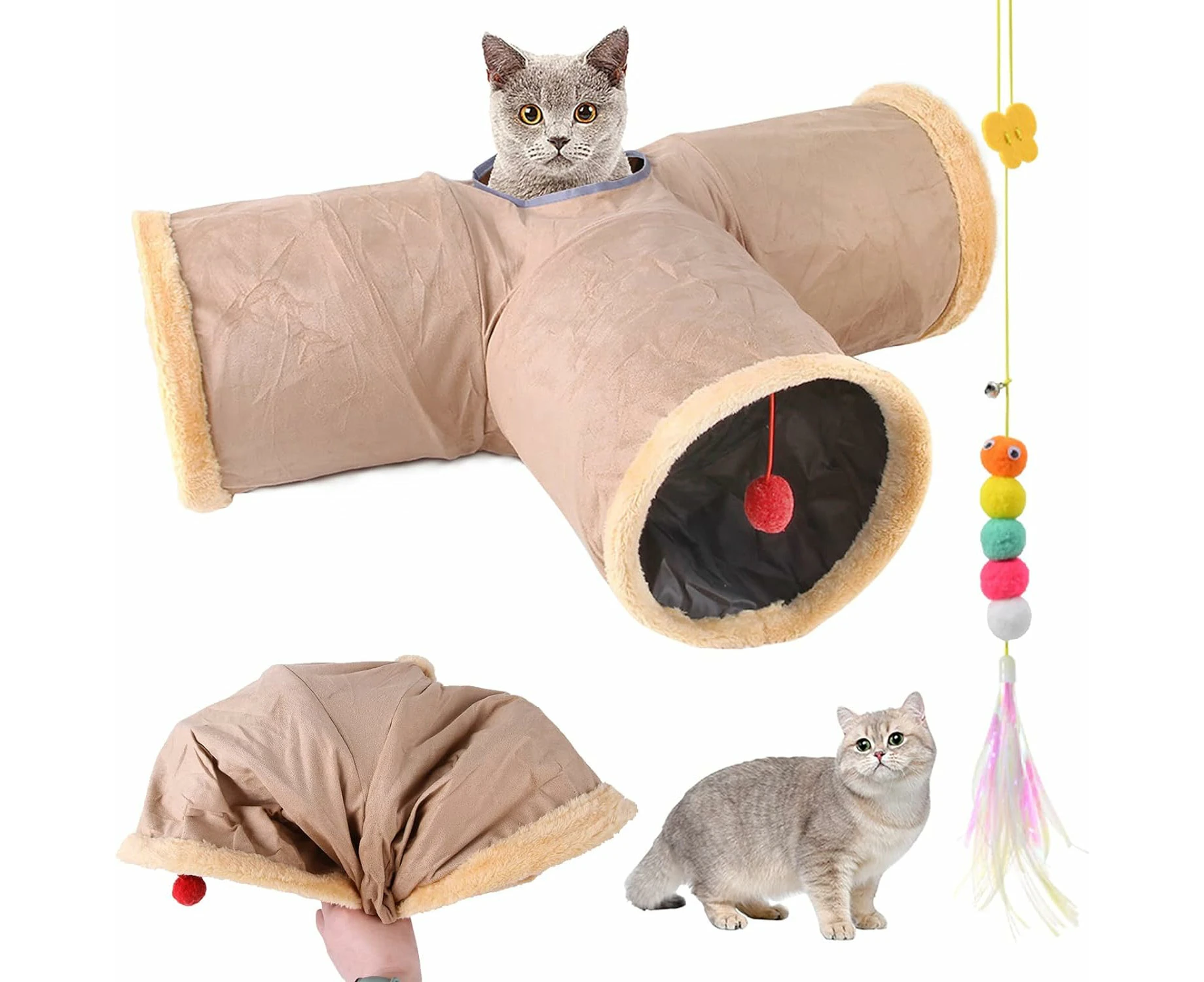 Foldable Cat Tunnel With Caves, For Suede Cat Pet Toy For Kittens Puppy Rabbits Guinea Pigs, With Balls And Fun Cat Toys