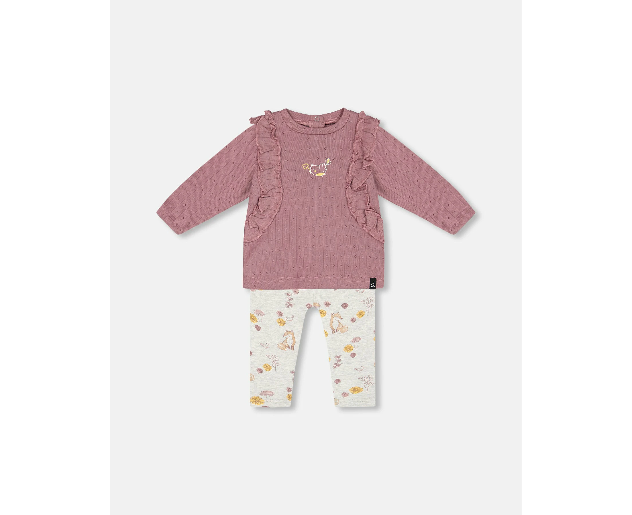 Baby Girl's Organic Cotton Pointelle Top And Printed Leggings Set Woodrose With Fox