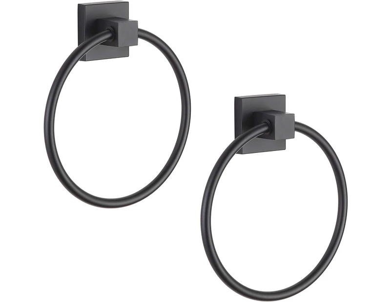 Towel Ring Black, Hand Towel Holder Ring Hanger for Bathroom Kitchen, Metal Round Towel Holder Wall Mounted Towel Rack, 2 Pack