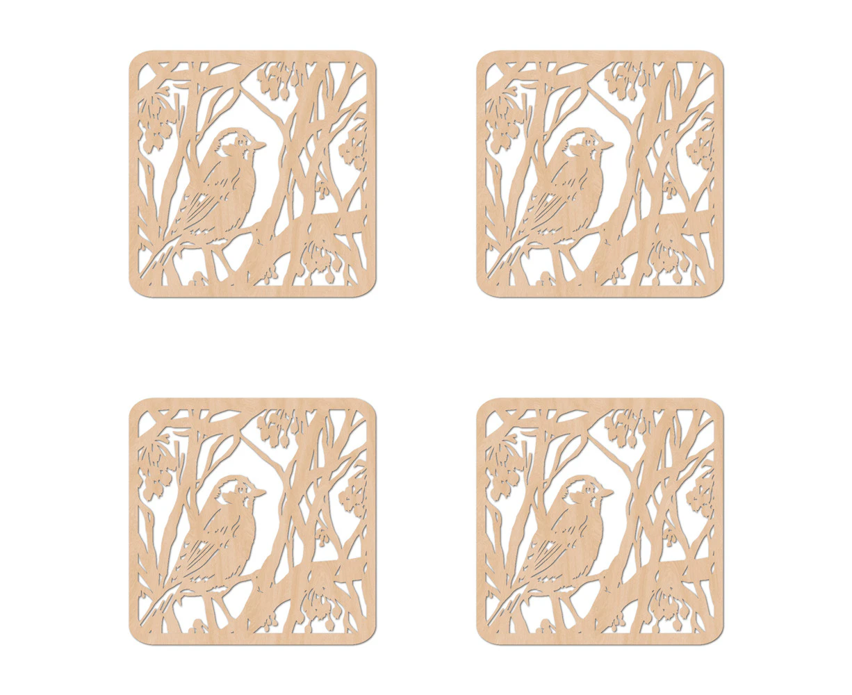 4x Nord Deco Wooden Coaster Home Kitchen Tabletop Serveware 10x10cm Large Bird