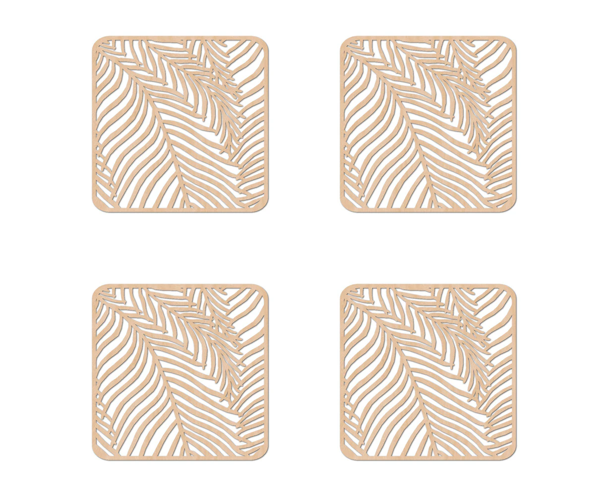 4x Nord Deco Wooden Coaster Home Kitchen Tabletop Serveware Decor 10x10cm Fern