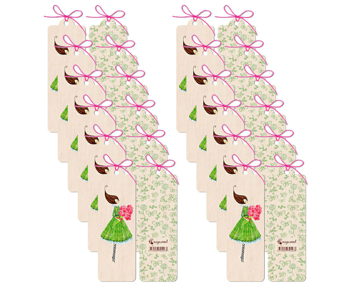 12x Cozywood Wooden Bookmark 4.5x14cm School Stationary w/ Waxed Ribbon Flowers