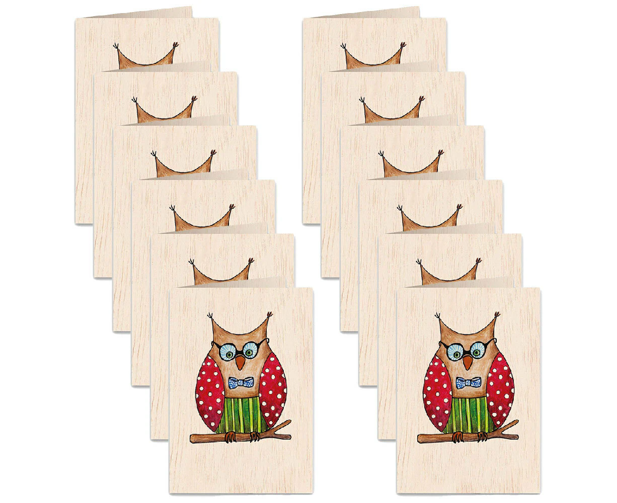 12x Cozywood Wooden Greeting Gift Card 11x16cm Stationary w/ Envelope Owlet