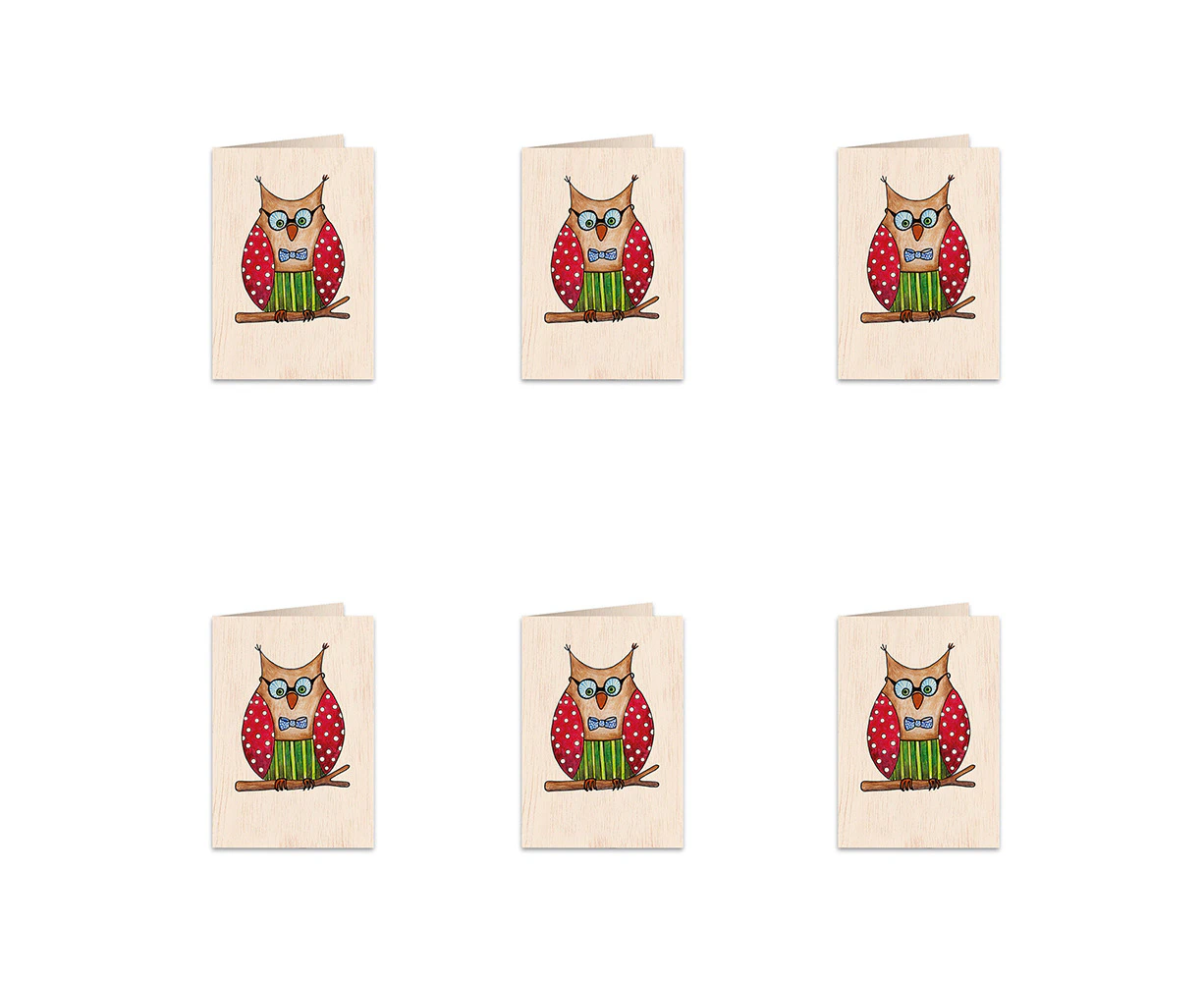 6x Cozywood Wooden Greeting Gift Card 11x16cm Stationary w/ Envelope Owlet