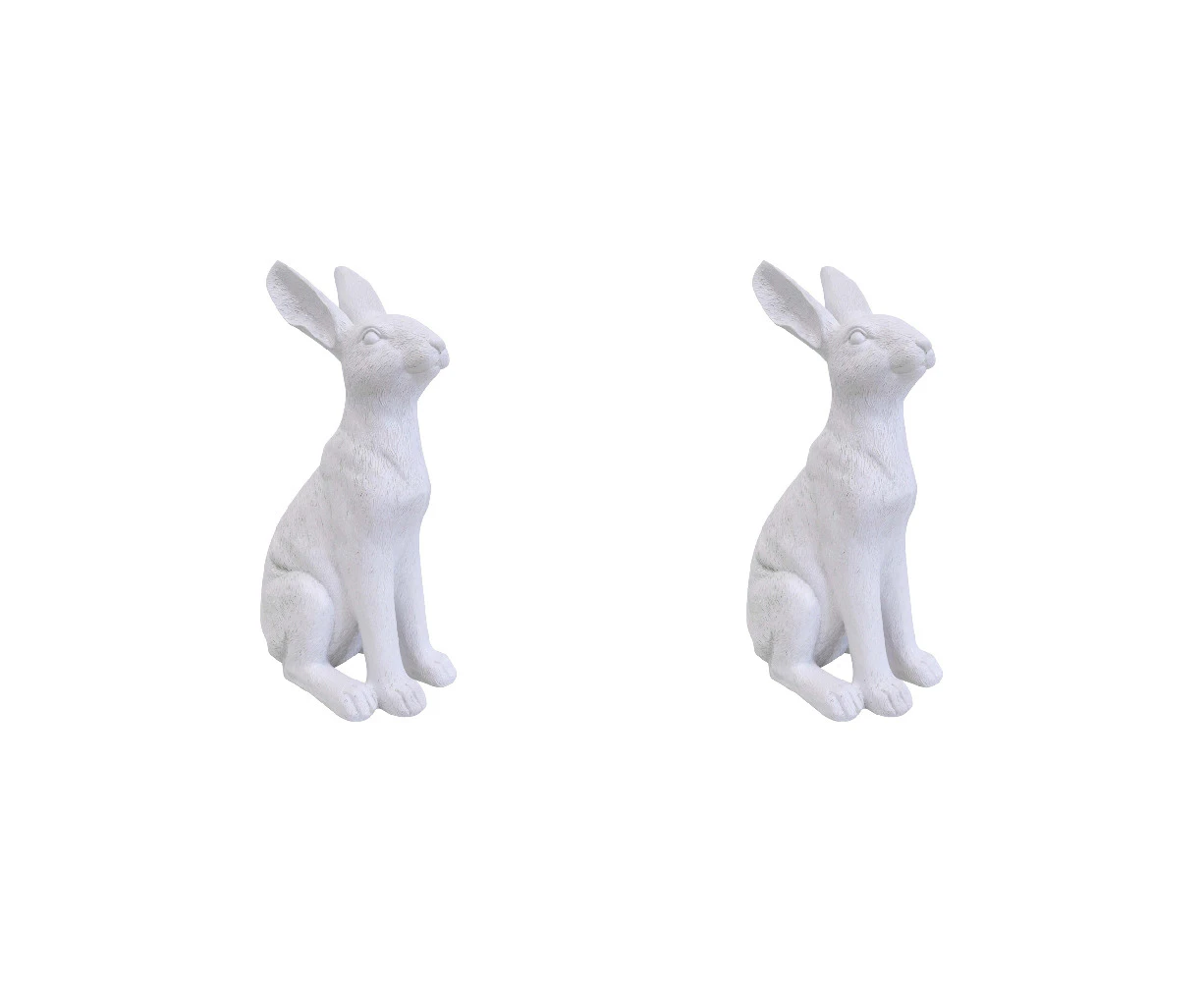 2x LVD Polyresin Sculpture Sitting Hare Aged Home/Office Decor White Medium