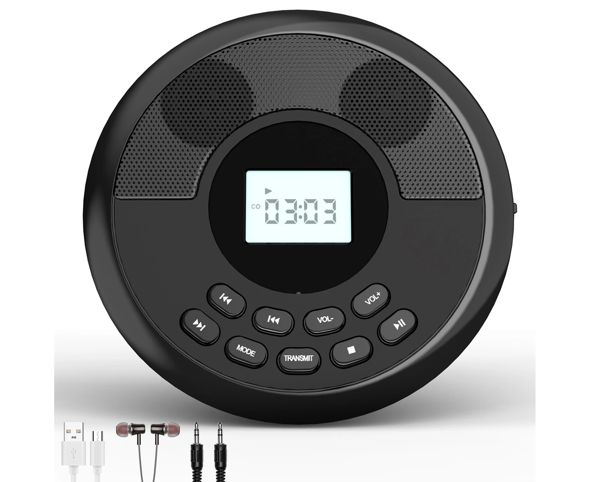 Portable CD Bluetooth Player, Rechargeable Car Walkman with Speaker and Headphones, Plays CD/USB