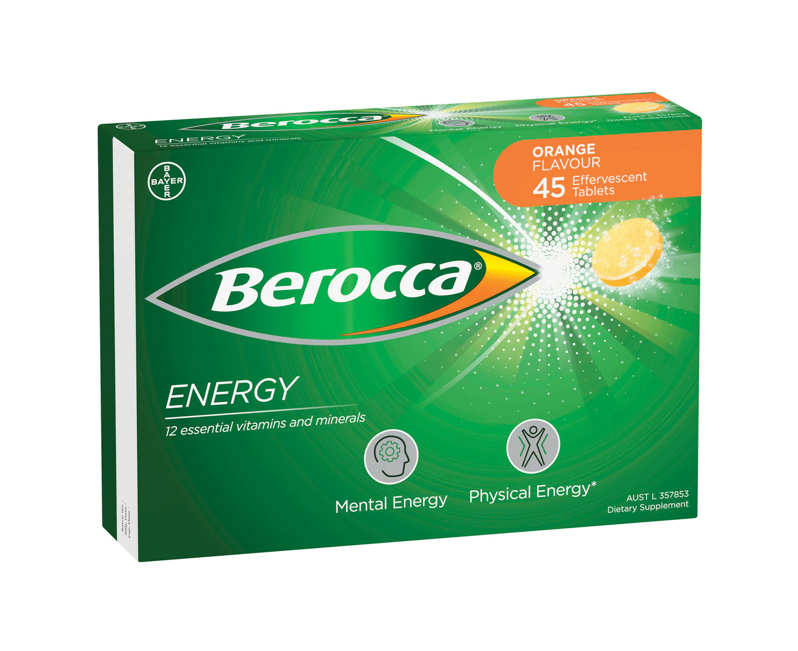 Berocca Energy Vitamin B & C Orange Flavour Effervescent Tablets 45 Pack