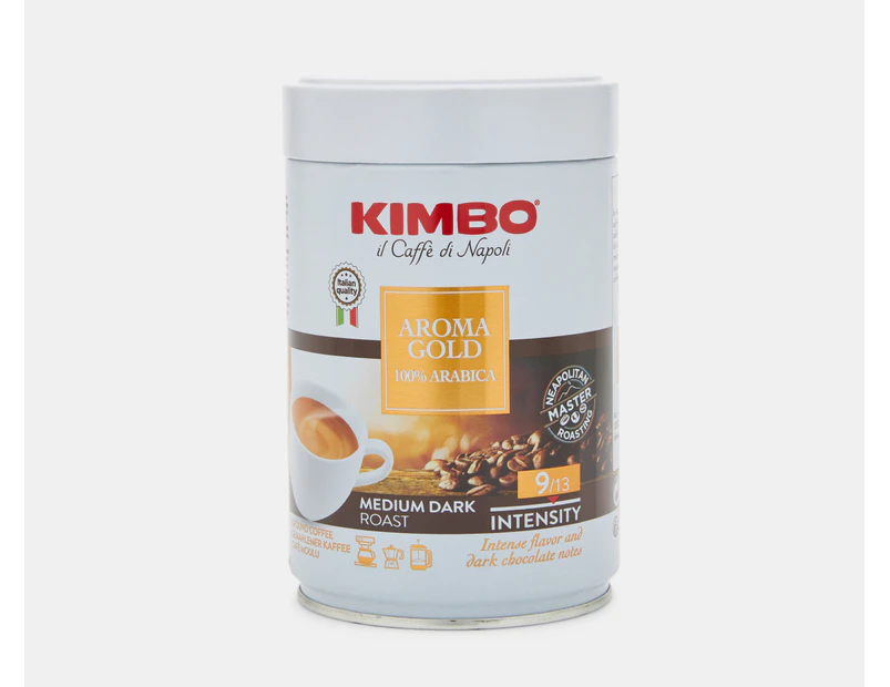 Kimbo Aroma Gold 100% Arabica Ground Coffee Tin Medium Dark Roast 250g