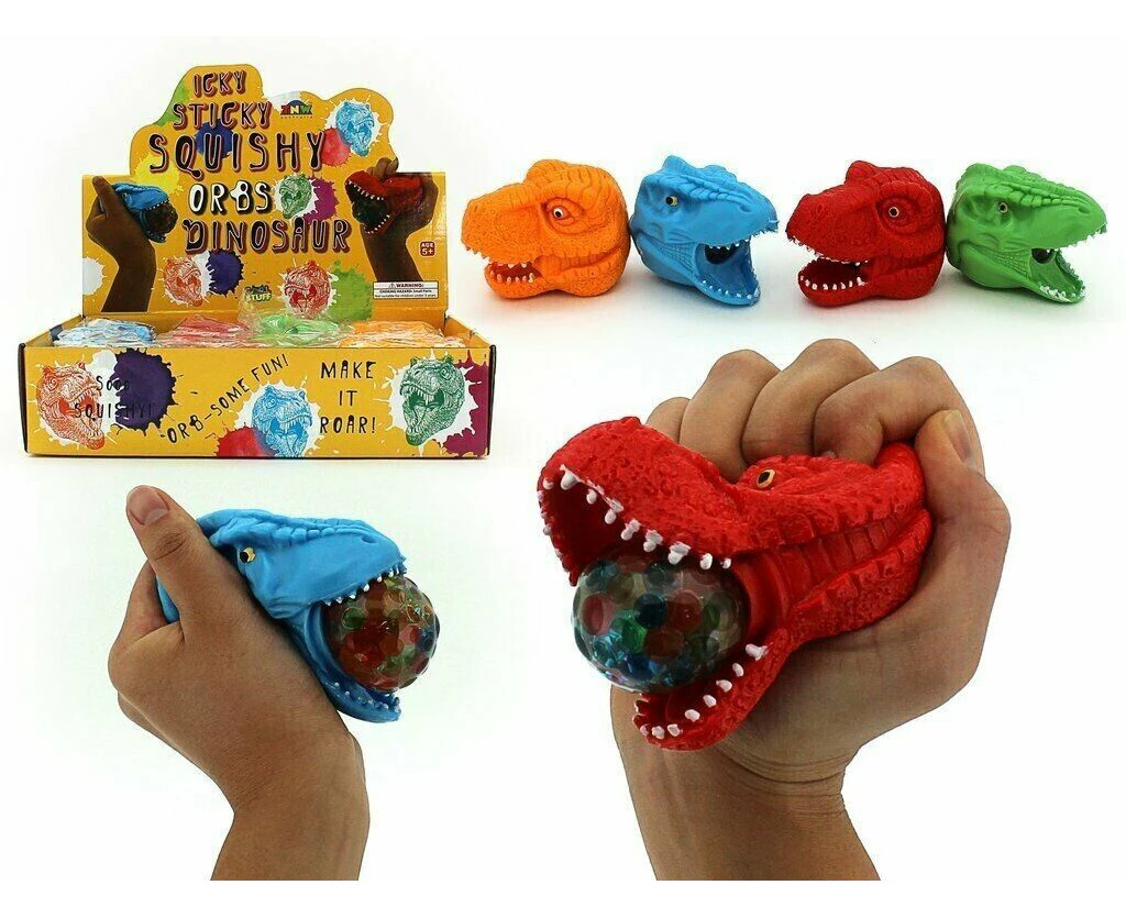 4 x Ick Sticky Squishy Water Orbs Squeeze Me Dinosaur T-Rex Head Assorted