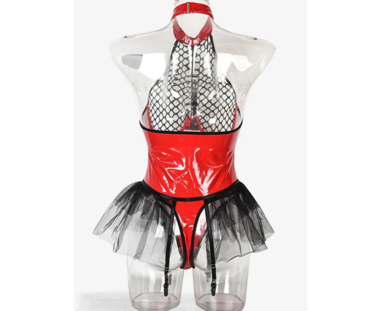 Fierce Temptress: Red Fishnet and Leather Halter Bodysuit-Red