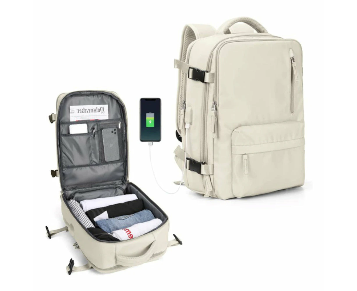 Large Waterproof Carry On Travel Backpack with USB Charging Port - Beige