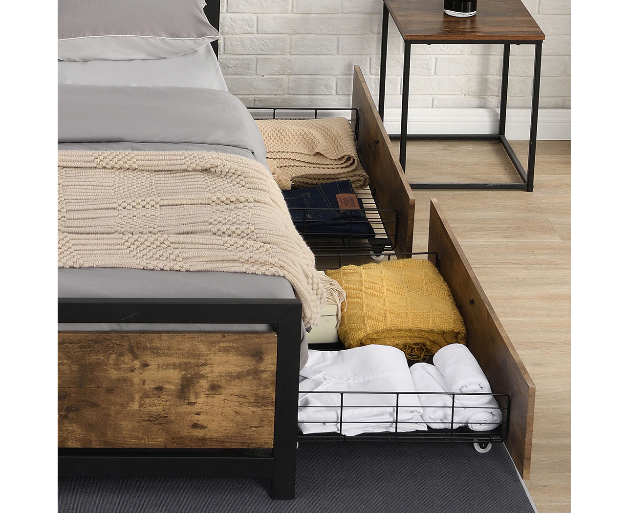 Levede  4 Double Queen Bed Frame Storage Drawers Metal Wooden Bonus Bottom Mat