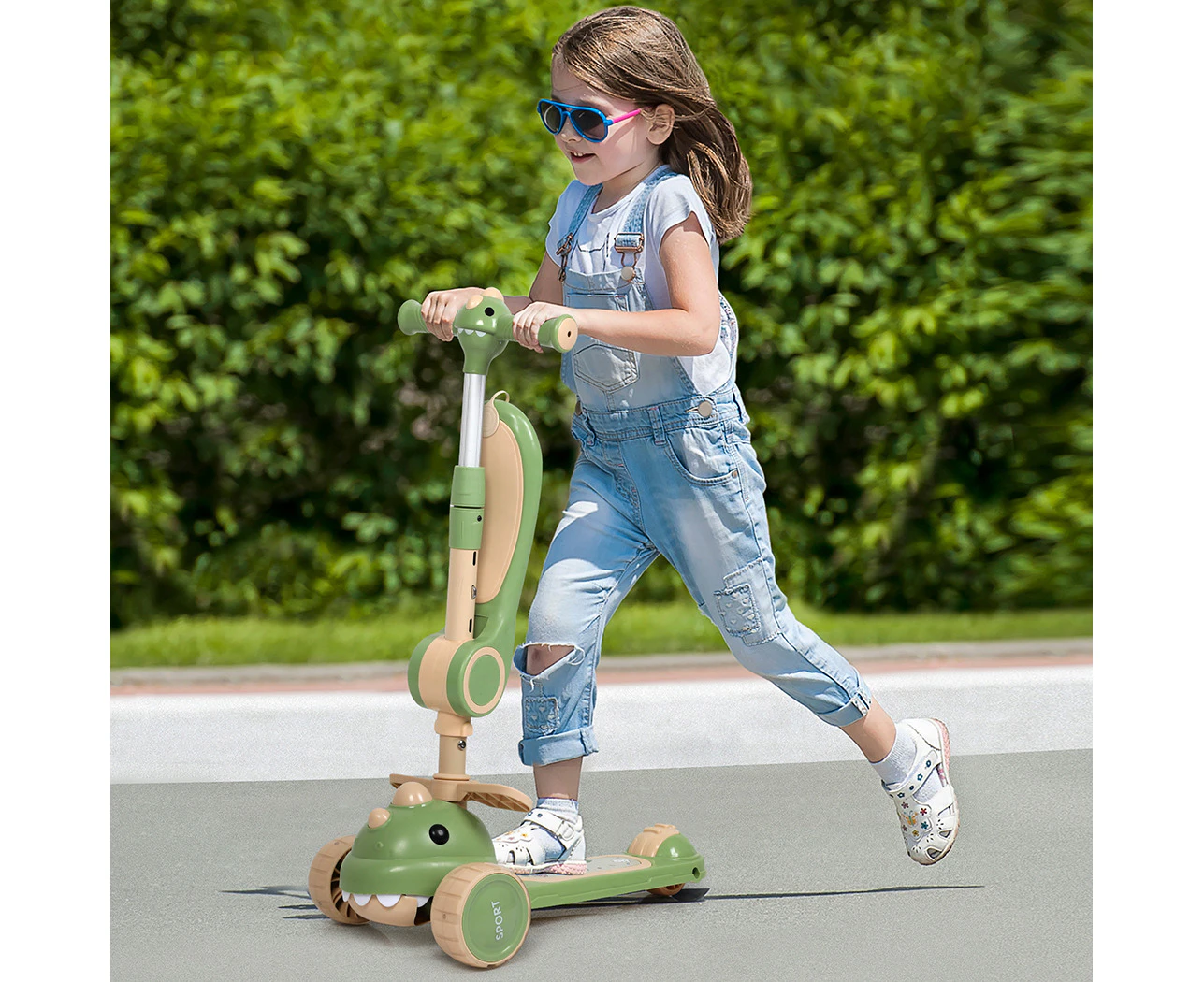 BoPeep Foldable Kids Scooter Flip-able Seat Adjustable Height LED Light Green