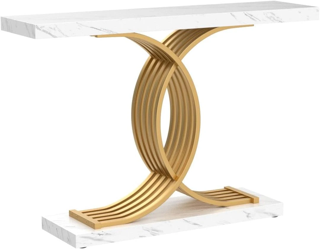 Tribesigns Gold Entryway Table Modern 39-Inch Console Accent Table Faux Marble Narrow Wood Sofa Table Gold & White