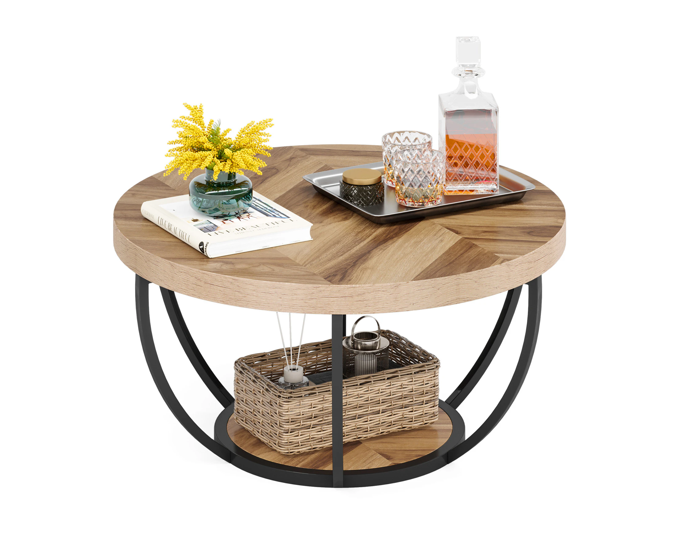 Tribesigns 32" Round Coffee Table Circle Coffee Table 2-Tier Wood Accent Center Table with Open Storage Wood Grain and Black