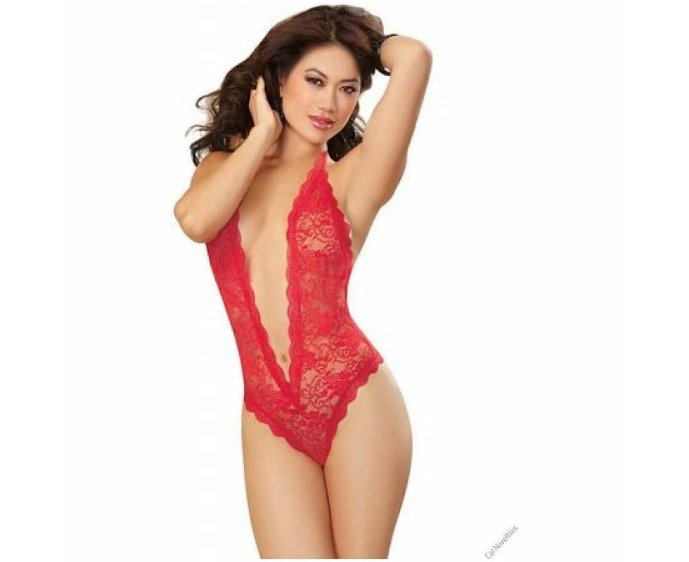 Dreamgirl Heart Back Deep V Neck Teddy  Red