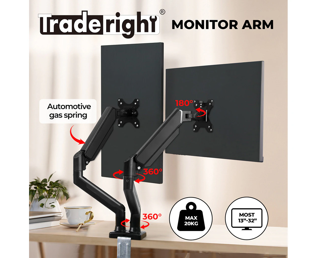 Traderight Monitor Stand Dual Arm Desk TV Bracket Holder Spring Freestanding