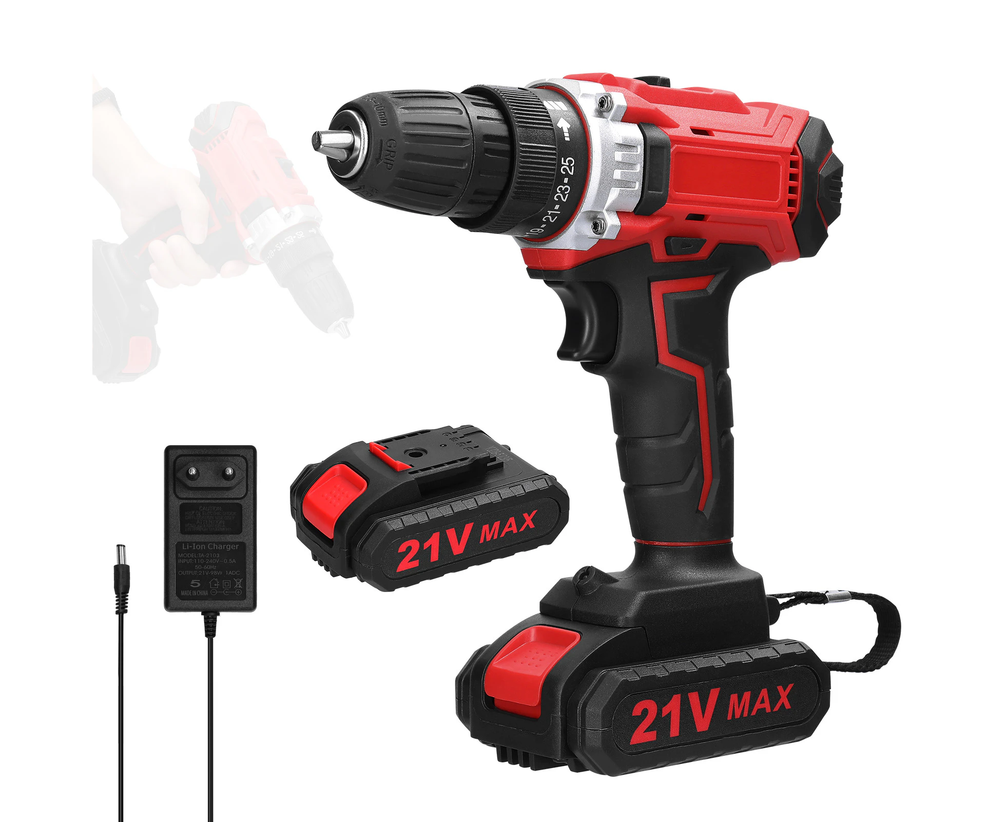 KKmoon Household Multifuctional 21V Electric Drill 2 Speeds Control Stepless Speed Regulation Rotation Ways Adjustment 25 Gears of Torques Adjustable Lithi