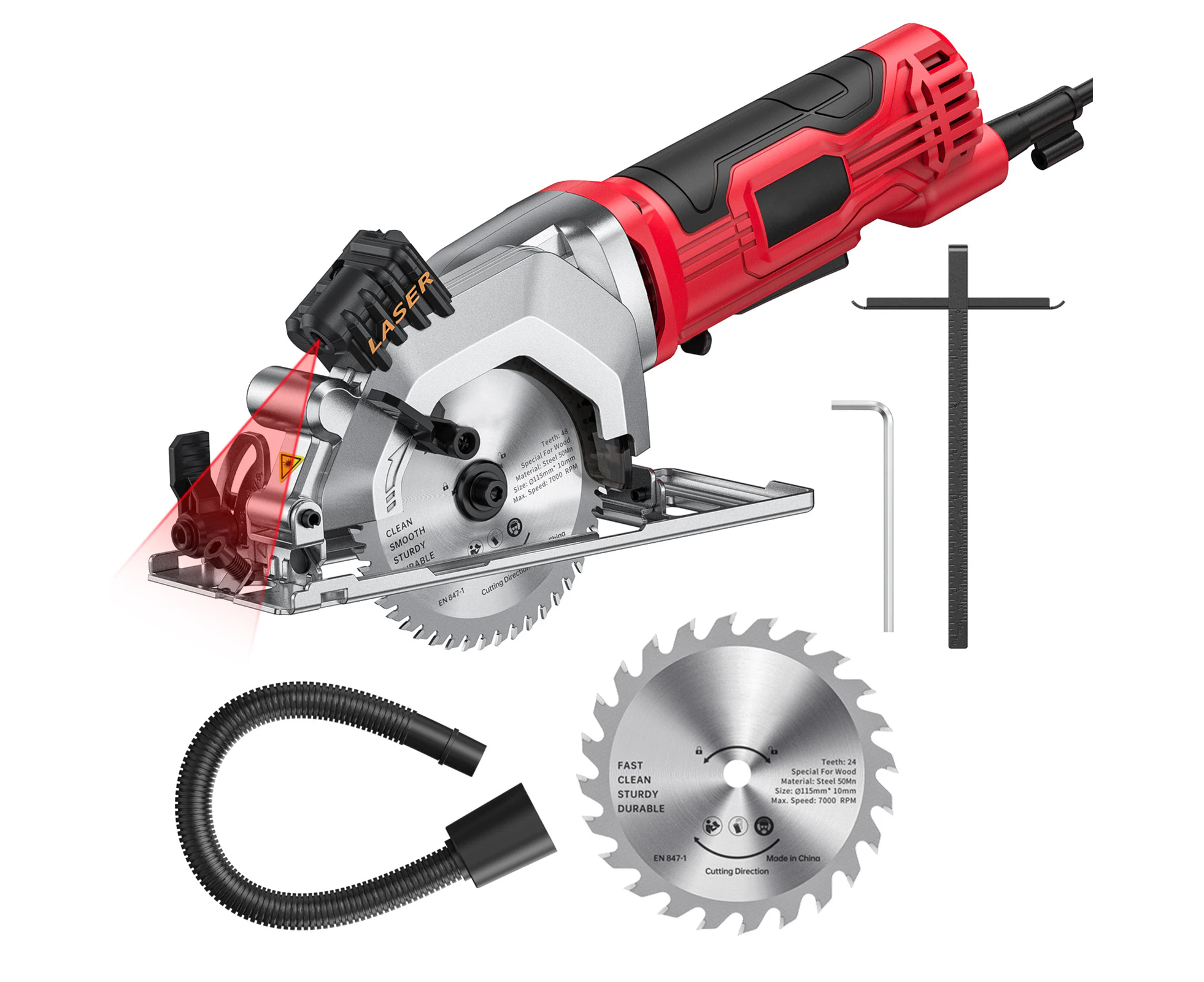 KKmoon Mini Circular Saw 4.8 Amp 4-1/2 Inch Compact Circular Saw 3700RPM Electric Circular Saws with Laser Cutting Guide for Wood Tile and Plastic Cuts Red