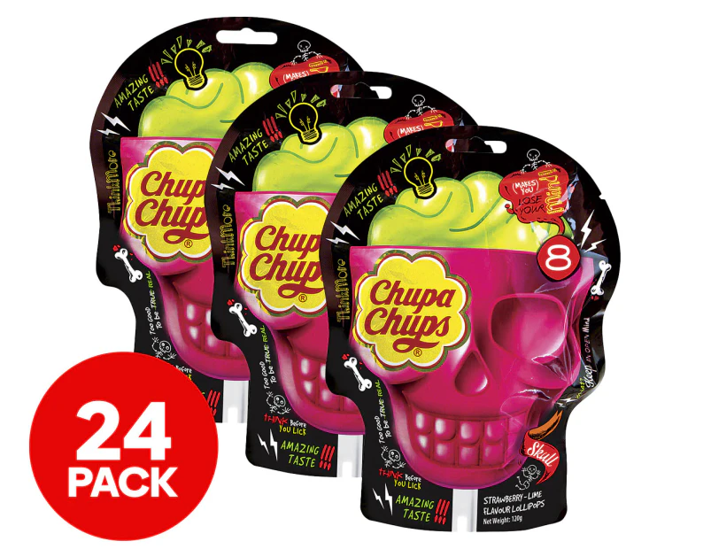 3 x 8pk Chupa Chups Halloween Skull Lollipop Bag Strawberry-Lime 120g