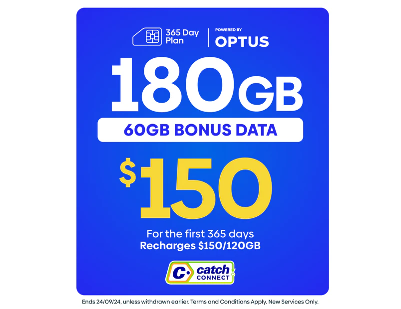 Catch Connect 365 Day Mobile Plan - 120GB (+60GB Bonus Data)