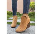 Lookbook Womens Classic Pointed Toe Ankle Boots Chunky Wedge Heel Boots-Yellow