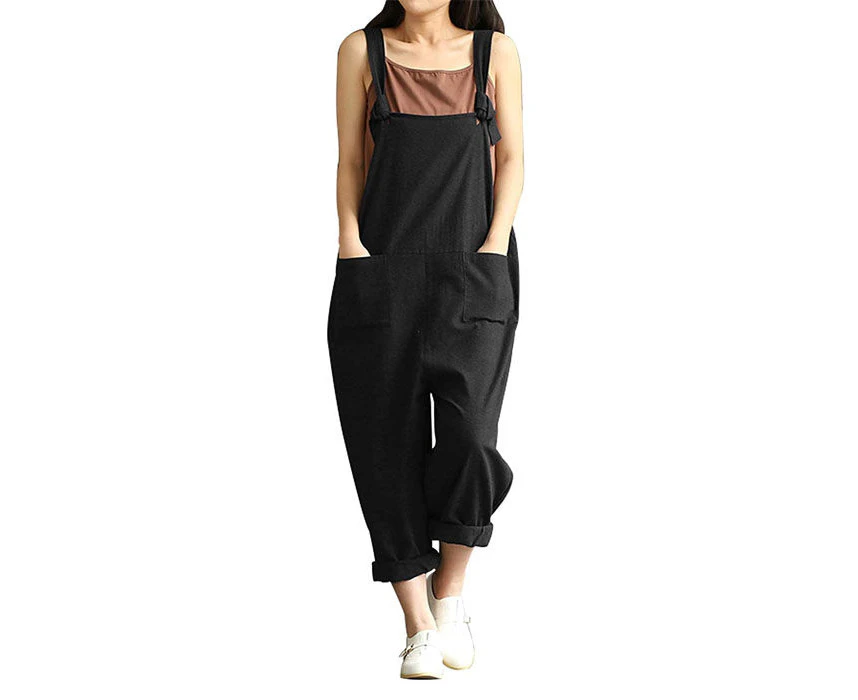 Strapsco Womens Casual Overalls Baggy Wide Leg Loose Rompers Jumpsuit With Pocket-Black