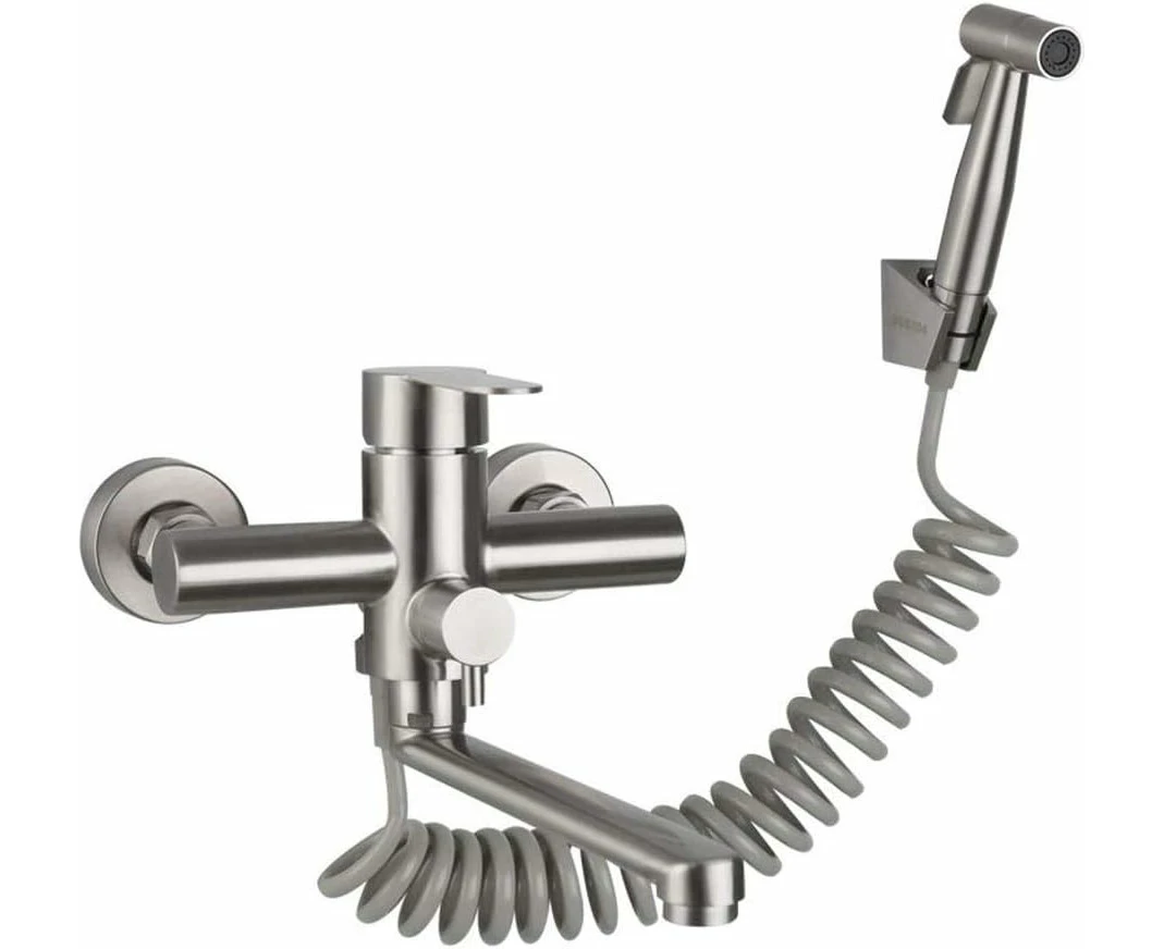 Wall mounted faucet with sprayer, with spray gun, kitchen sink, stainless steel faucet, hot/cold water, laundry tub, rotating (brushed)