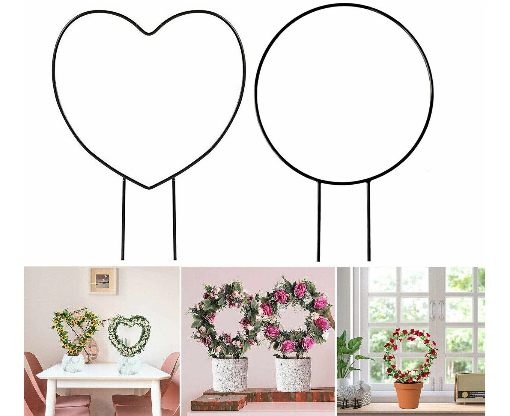 2pcs Metal Garden Trellis Climbing Plants Flower Plant Holder Heart Round Shaped