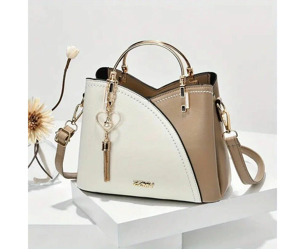 Color Block Satchel Bag Trendy Metal Tassel Decor Crossbody Bag White Caramel