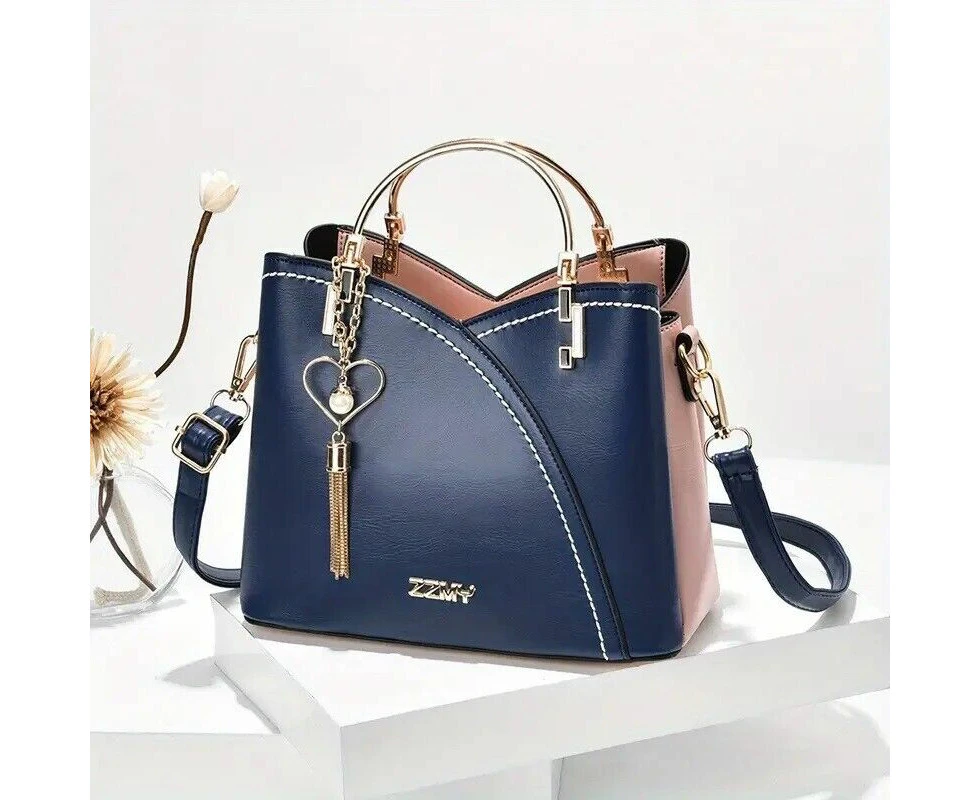 Color Block Satchel Bag Trendy Metal Tassel Decor Crossbody Bag Dark Blue Rose