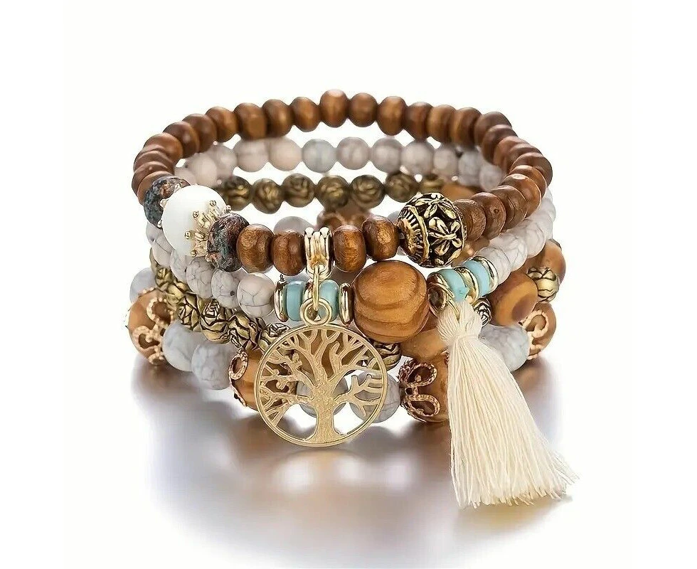 4pcs set Tree Of Life Pendant Multilayer Beaded Bracelet Round Bead Wooden White