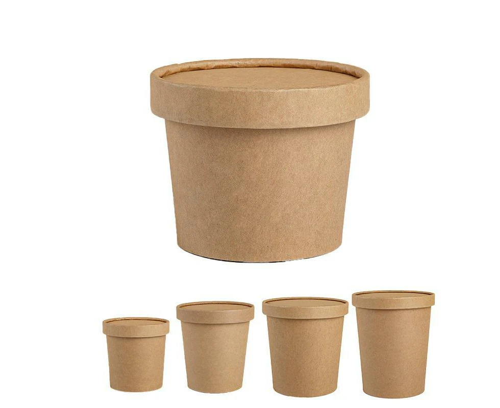 250x Biodegradable Kraft Paper Soup Bucket with Lid Takeaway Tubs Cups