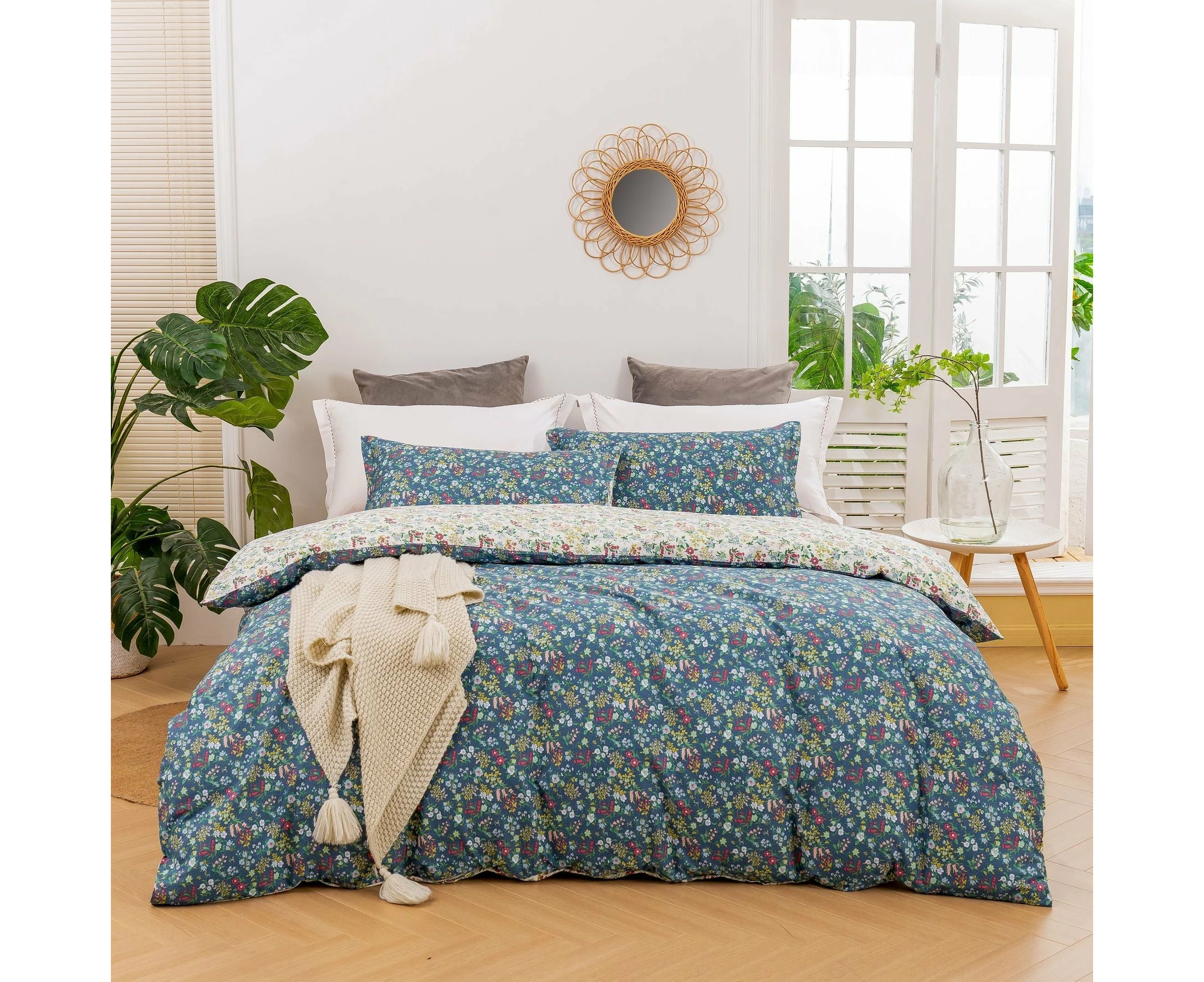 Luxore Olivia Floral 100% Cotton Reversible Quilt Cover Set Blue